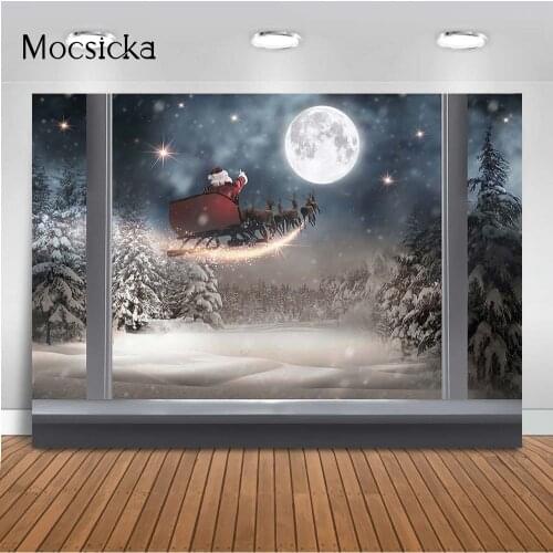 Winter Snow Night Backdrop for Photography Full Moon Santa Claus Portrait Photocall Background Windows Pine Tree Decoration Prop