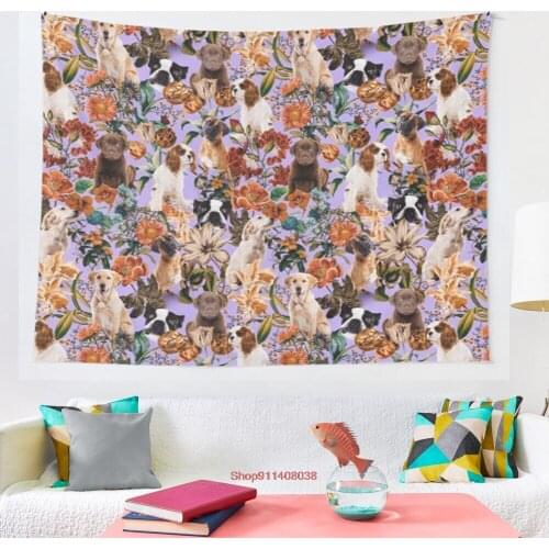 Dog and Floral Pattern tapestry Cover Beach Towel Picnic Yoga Mat Home Decoration Wall Hanging