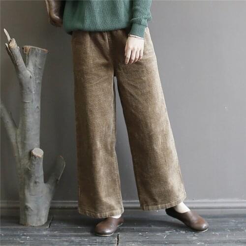 Johnature Women Corduroy Wide Leg Pants Elastic Waist 2021 Autumn New Pockets Solid Color Trouser Women Loose Pants