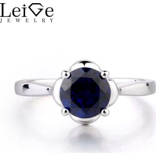 Leige Jewelry September Birthstone Blue Lab Sapphire Ring Round Cut Solitaire Unique Ring Lovely Gifts For Her 925 Silver