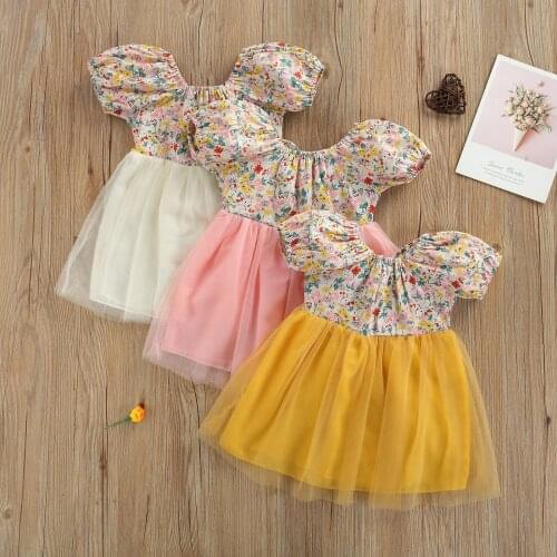 3 Colors Summer Baby Girls Sweet Dress Flowers Printed Ruffles Sleeve Lace Patchwork Tutu Mini Dress 0-3Y
