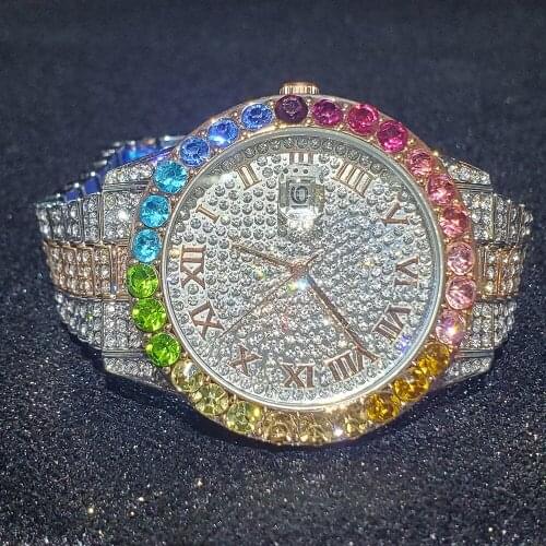 MISSFOX Rainbow Diamond Watches Man Rose Gold And Silver Roman Wristwatch Men Fashion Blingbling Quartz Relógio Masculino Hiphop