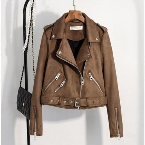 Trendy Suede Faux Soft Leather Zipper Jacket Coat Women Casual Pu Motorcycle Turn-down Collar Slim Suede Short Jacket Overcoat