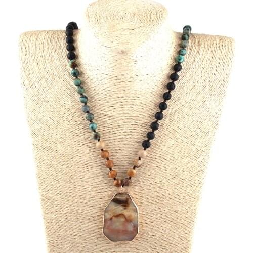 MOODPC Fashion Semi Precious Stones Long Knotted Stone Pendant Necklaces