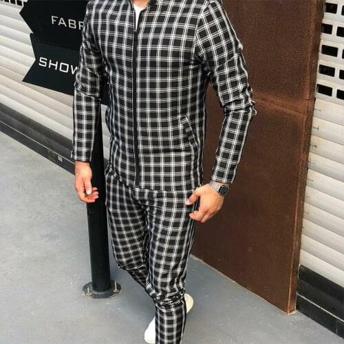 Mens Spring And Autumn Large Size Suit Casual Sports Fashion Joker Checkered Stand Collar Zipper Cardigan Jacket Trousers