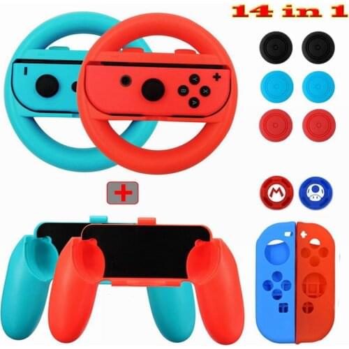 14 in 1 Nintend Switch Accessories Kit with Steer Wheel Handle Grips Silicone Case Analog Caps for Nintendo Switch Joy-con