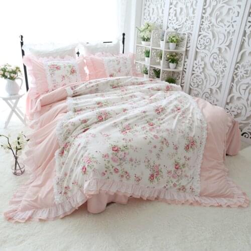 Sweet princess bedding set Heavy wrinkle handmade ruffle lace splice duvet cover pink pastoral king size bedspread HM-22F