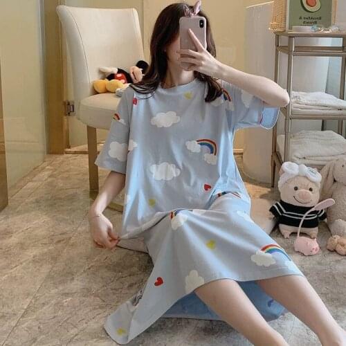 2021 New Thin Womens Round Neck Nightdress Breathable Short Sleeve Woman Nightdress Cartoon Sleepwear Female Home Wear