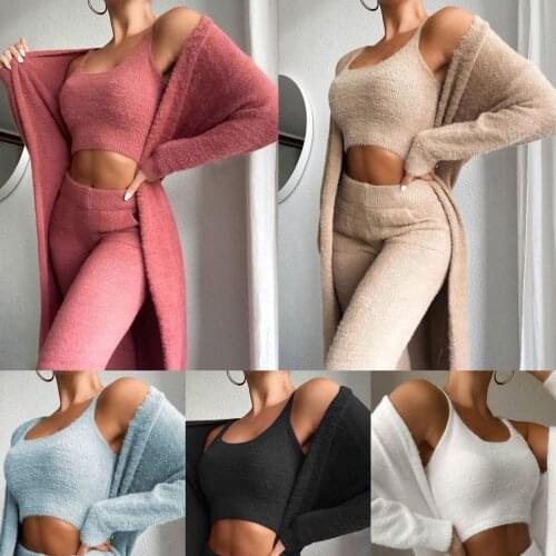 Nowsaa Spring Autumn Women Sexy 3 Piece Sets Homewear Cardigan Crop Top Pants Suit Vintage Long Sleeve Winter Casual Outfits
