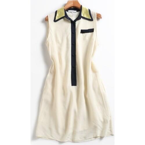 Natural silk dress! Lapel sleeveless temperament dress simple buckle dress
