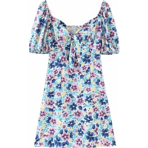 French holiday wind 21 summer new bubble sleeve careful machine tie with bow high waist waist skirt dress DLQZ891