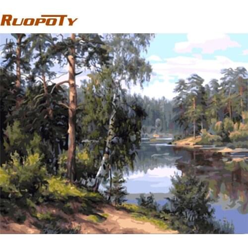 RUOPOTY Frame Forest River DIY Painting By Numbers Landscape Calligraphy Painting Acrylic Paint On Canvas For Wall Art Picture