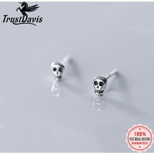 TrustDavis Real 925 Sterling Thai Silver Fashion Mini Gothic Skull Charm Stud Earrings For Women Party Fine S925 Jewelry DS1184