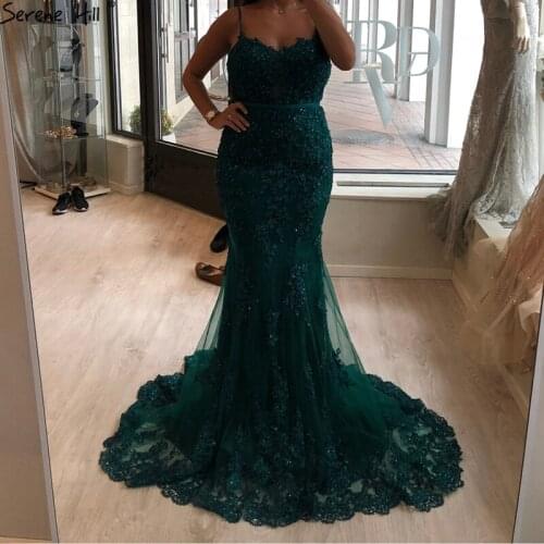 Green Sexy Sweetheart Lace Crystal Evening Dresses 2020 Spaghetti Straps Dubai Luxury Mermaid Evening Dress Real Photo BLA60712