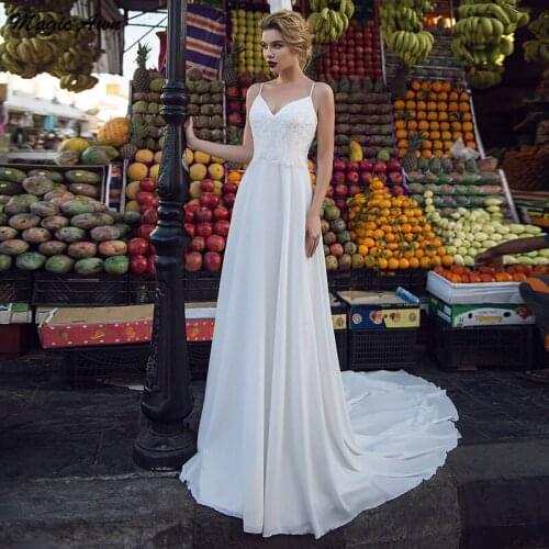 Magic Awn Vinatge Chiffon Wedding Dresses Spaghetti Straps Lace Appliques Boho Bridal Gowns Lace-Up Back Ivory Vestidos De Novia