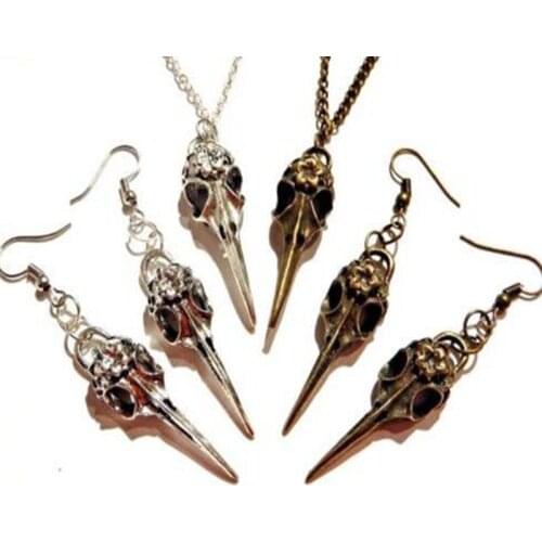 Raven Bird SKULL Dangle Set Vintage Punk CROW Gothic Statement Necklace Earrings Jewelry Set Women Fashion Halloween Gift