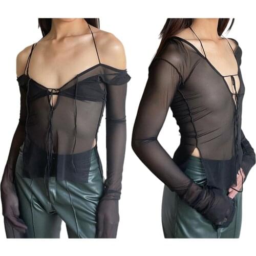 2021 Sexy Women T-shirts Summer Autumn Long Sleeve Split Tie-up Deep V Neck Solid Color Basic Slim Crop Top Fashion Street Club