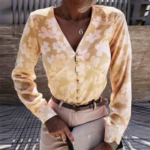 Spring Autumn Women Button Down Shirts Ladies Sexy V-Neck Long Sleeve Floral Print Slim Fitted Tops Yellow Pink Blue
