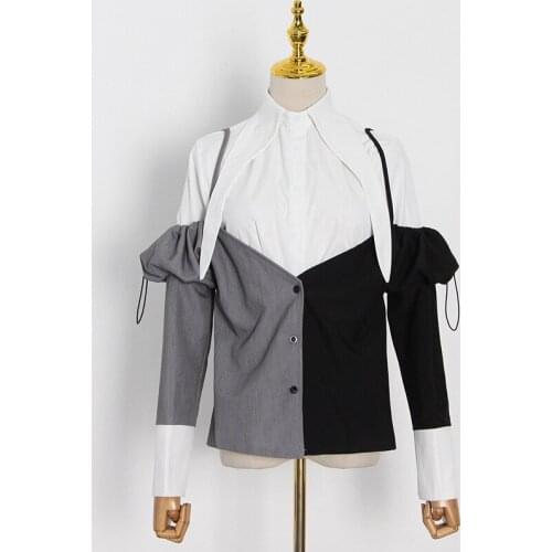 Women Shirt Top Spring And Autumn New Fashion Temperament Casual Lapel Single Breasted Design Contrast Stitching