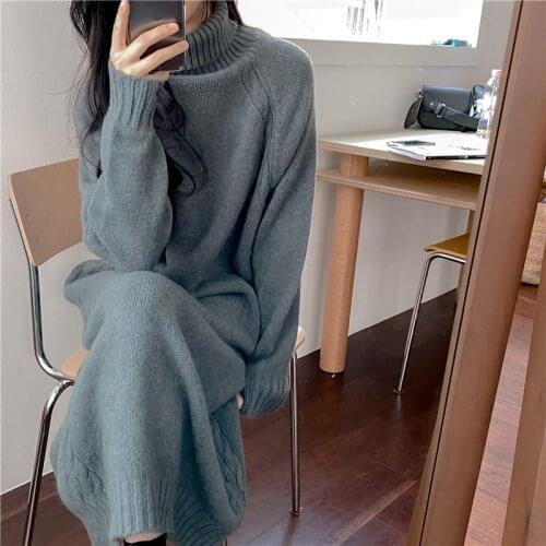 Women Winter Thicken Turtleneck Casual Loose Long Sweater Dress Raglan Sleeve Basic Knitted Pullover Dresses