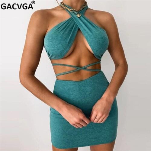 GACVGA 2021 Bandage Sexy Bodycon Dress Summer Skirt Two Piece Set Women Sleeveless Backness Black Slim Club Party Mini Dress