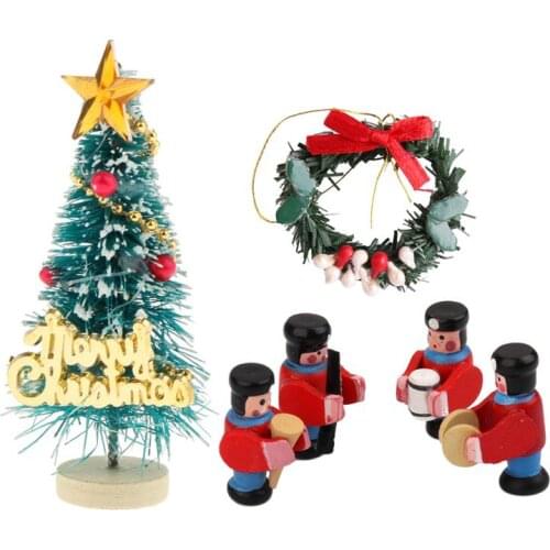 1:12 Miniature Christmas Tree Christmas Garland Military Band Wood Toy for Doll House Christmas Tree