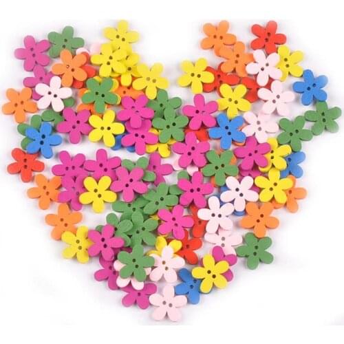 2 Holes Multicolor Mixed Flower Wooden Buttons For Sewing Clothes Handmade Scrapbooking Crafts Ornaments 100pcs 14x15mm M1047X