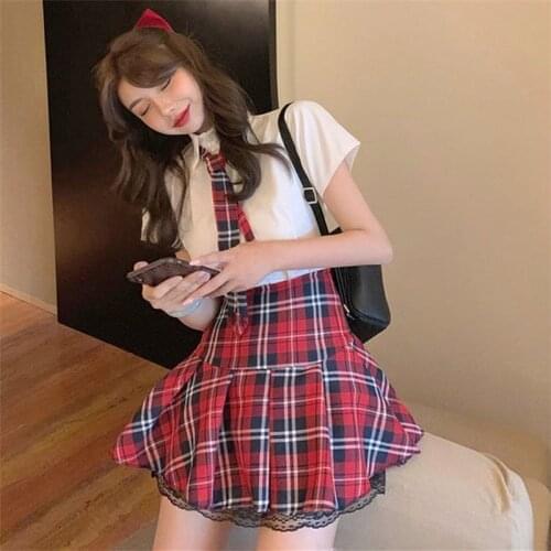 2021 Summer Japanese Women JK Suit Anime Cosplay Costume Student Girls School Uniform Skirt Plaid Lace Navy Sailor Clothing Y286