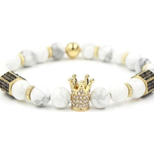 8mm yj42 gold silver Copper crown white Howlite micro pave cz zircon cubic zirconia Bracelet Yoga Reiki Chakra Healing Balance
