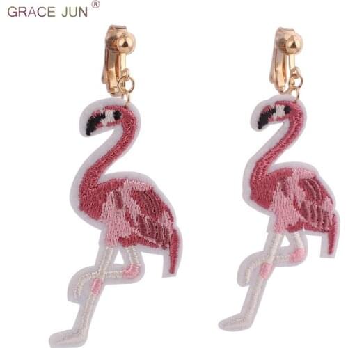 GRACE JUN 2018 New Style Gold Color Cloth Flamingo Embroidery Clip Clip on Earrings No Pierced for Women Charm Jewelry ART DEC