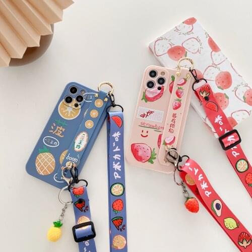 Pineapple Wrist Strap Phone Case for iphone 11 Pro Max 12 Pro Max 12 Mini 7 Plus 8 Plus XS Max XR SE X Strawberry Cover Lanyard