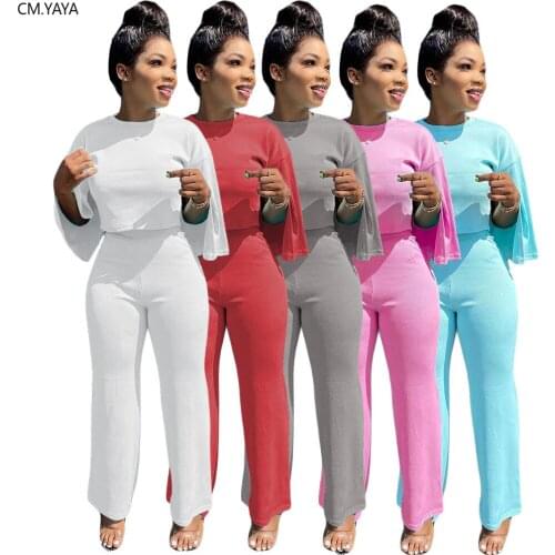 CM.YAYA Elegant Solid Womens Set Crop Top Straight Long Pants Office Lady Tracksuit Matching Set Two Piece Set Outfit