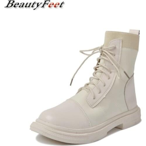 Solid Leather Motorcycle Boots Thick Bottom Square Low Heels Platform Boots Lace up Knitting Autumn Winter Ankle Boots Plus Size