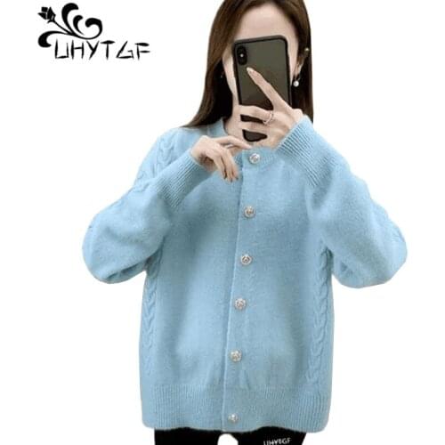 UHYTGF Cardigan For Women Autumn Sweater Coat Long-Sleeved Single-Breasted Casual Sweaters Female Knitted Plus Size Jacket 1729