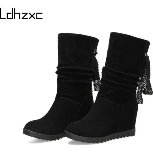 LDHZXC Classic Women Mid-calf Boots Wedges High Heels Long Warm Boots Quality High Boots Long Shoes Woman