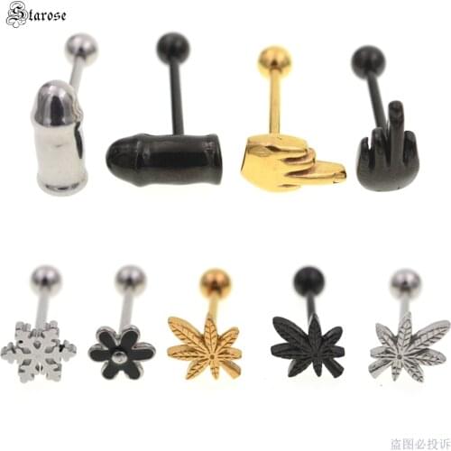 Starose 1pc Finger Snowflake Flower Leaf Tongue Piercing Tongue Rings Surgical Steel Rod Piercing langue Sexy Party Body Jewelry