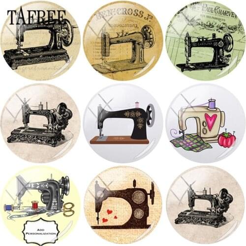 TAFREE Vintage Sewing Machine Pattern 25mm Round Glass Cabochon & Glass Gems Dome For Pendant Tray Setting DIY Jewelry