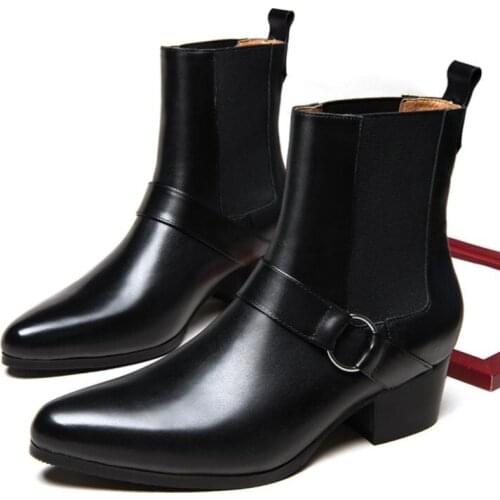 Trendy High Heels Genuine Leather Chelsea Boots Men Business Office Career Work Dress Boots Autumn Winter Mens Warm Snow Boots