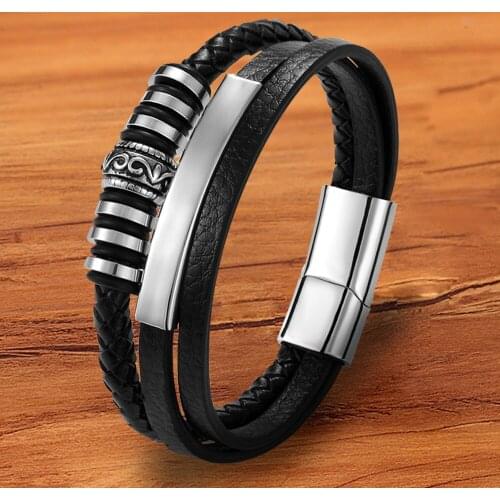 Fashion Charm Multilayer Luxury Braided Punk Genuine Leather Bracelets For Men Magnet Stainless Steel Jewelry Rope Wristband