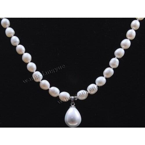 Nobility Womans jewelry 8-9MM White Akoya Cultured Pearl/ Shell Pearl Pendant (12x16MM) Necklace 18" hook