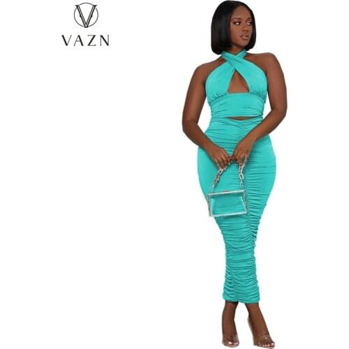 VAZN 2021 New Arrival Sexy Beach Set Halter Backless Top Maxi Skirts High Waist Skinny Women 2 Piece Set