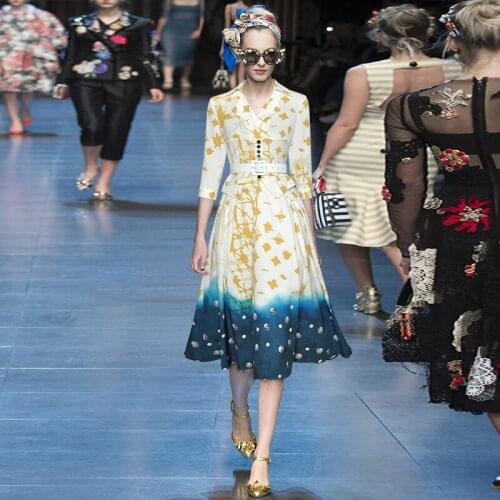 Runway 3/4 sleeve gradient print big swing dress 21071MX01