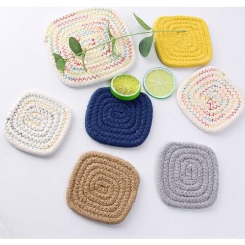 Hand Woven Cotton Thread Square Coaster Thickened Non Slip Tea Cup Coffee Pad Anti Scald Heat Insulation Pad Tableware Table Mat
