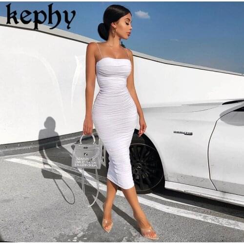 Pleated Strap Dress Summer white Sexy Bodycon Summer Dress 2020 Strapless Bandage mid Dress Party Casual Basic Beach Dress