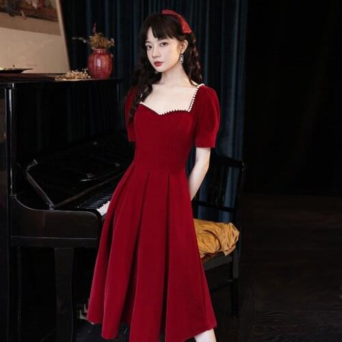 Toast Dress Bride Engagement Mini Dress Dress Wedding Dress Usually Wear Back Door Wine Red Velvet Dress Autumn A329