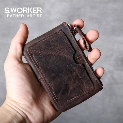 S.WORKER Genuine Leather Coin Purse card Holder Concise Style Crazy Horse Cowhide Leather Women Card pack Handmade change Purse