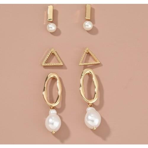 Copper Gold Color Triangle Metal Stud Simulated Pearl Bead Charms Earrings Set Fashion Brand Women Jewelry Earings
