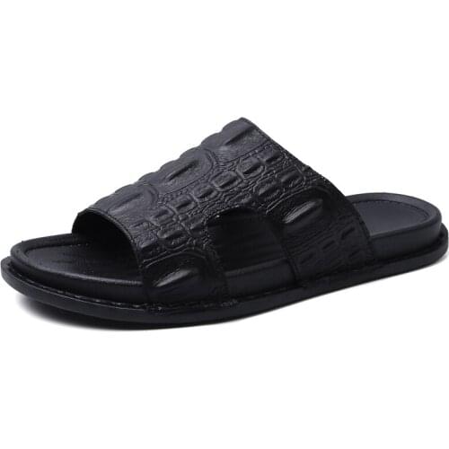 Crocodile Pattern Concise Mens Black Flat Slippers Summer Daily Breathable Comfort Trend Fashion Youth Slides Outdoor Beach Shoe