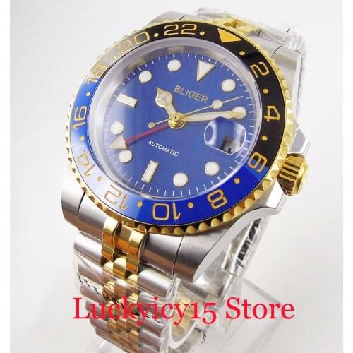 Blue BLIGER Fashional Men Wristwatch Sapphire Glass GMT Hand Jubilee Band Automatic Movement Deployment Clasp