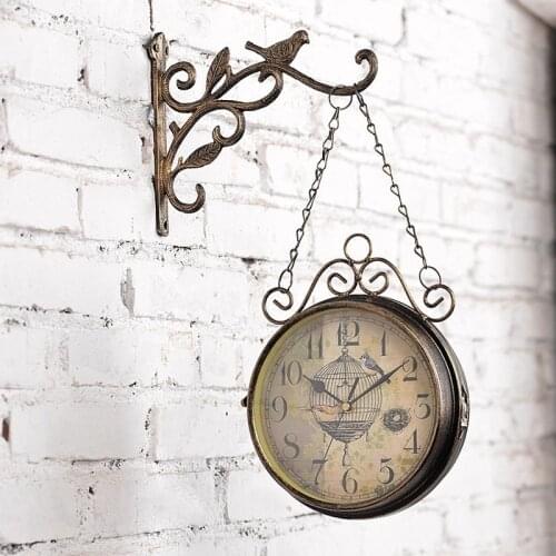 Antique Outdoor Garden Wall Station Metal Clock Double Sided Bird Vintage Retro Round Wall Mount Hanging Home Decor WF106